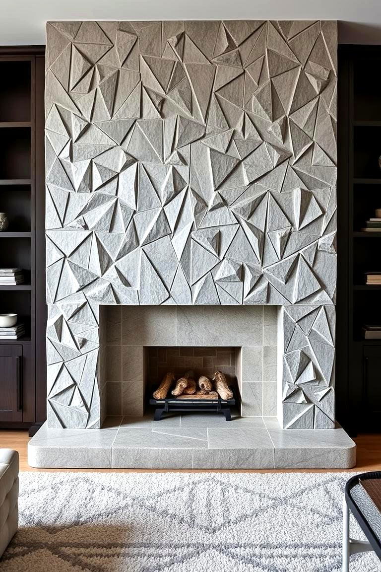 Geometric Stone Patterns - 24 Floor to Ceiling Stone Fireplace Ideas