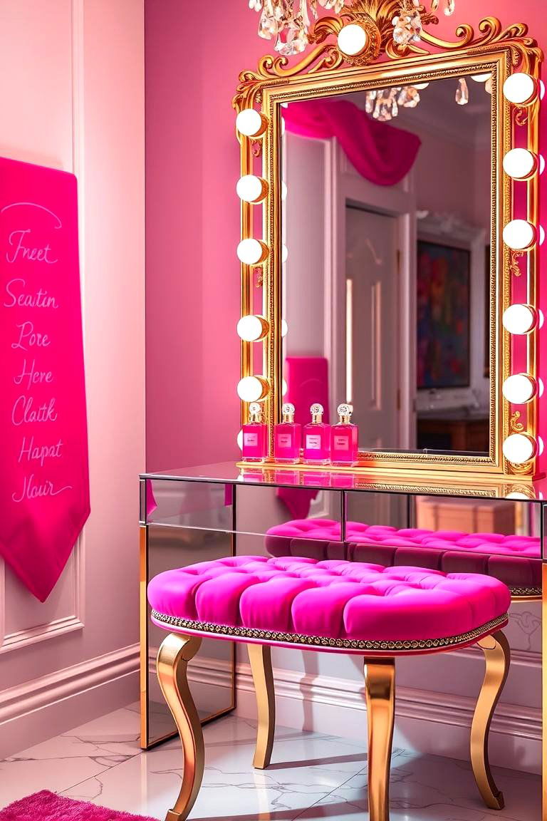 Glamorous Hot Pink Vanity Area - 24 Pink Room Ideas