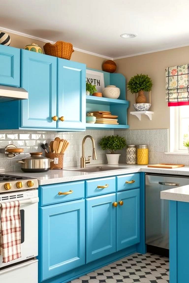 Glamorous Retro Revival - 24 blue kitchen cabinets with gold hardware