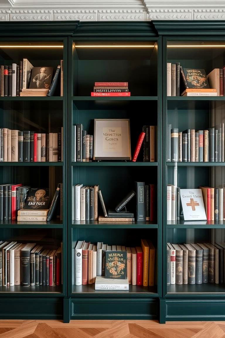 Glass Cabinet Book Displays - 24 Dark Green Home Library Ideas and Inspiration