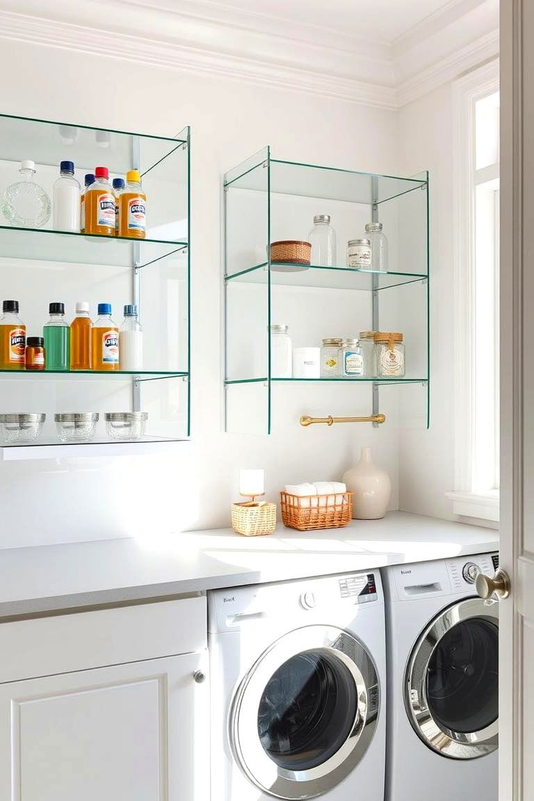 Glass Display Shelves - 24 Laundry Room Shelving Ideas