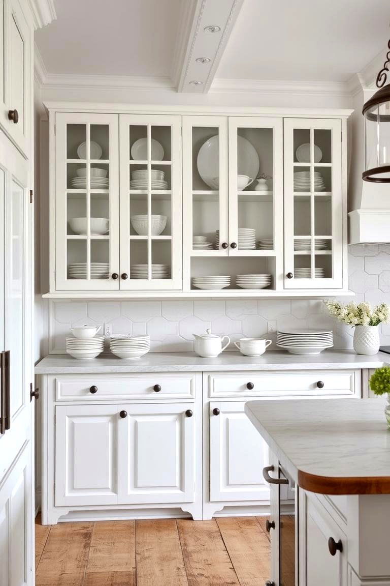 Glass Front Cabinets to Showcase Items - 24 Rustic White Kitchen Ideas
