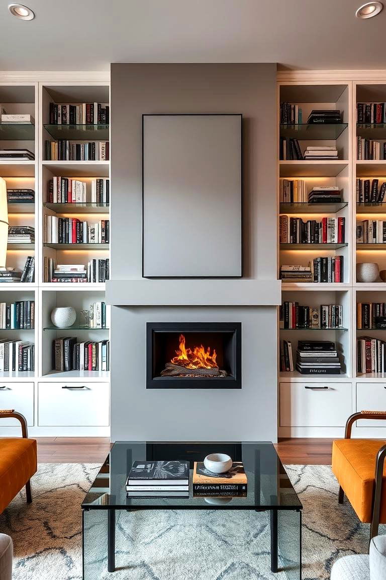 Glass Front Shelves with a Fireplace Focal Point - 24 Fireplace With Bookshelves