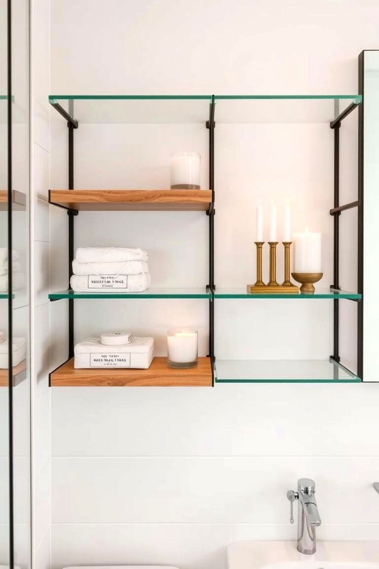 Glass and Wood Combination Shelves for a Stylish Contrast - 24 Bathroom Shelf Ideas
