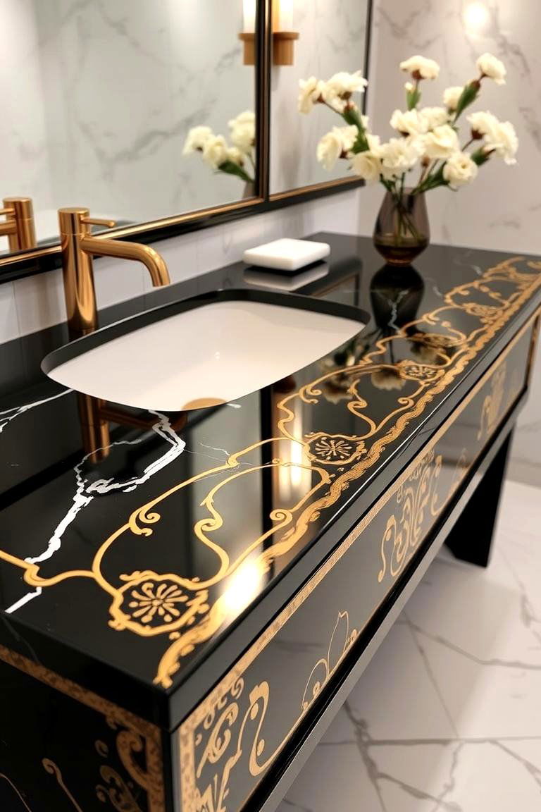 Gleaming Black Countertops with Gold Detailing - 24 Black and Gold Bathroom Ideas