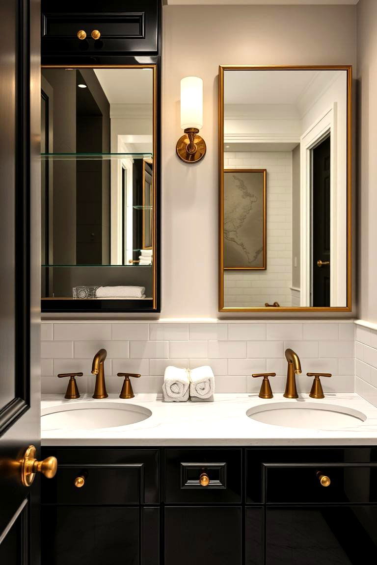 Glossy Black Cabinets with Golden Knobs - 24 black and gold powder room ideas