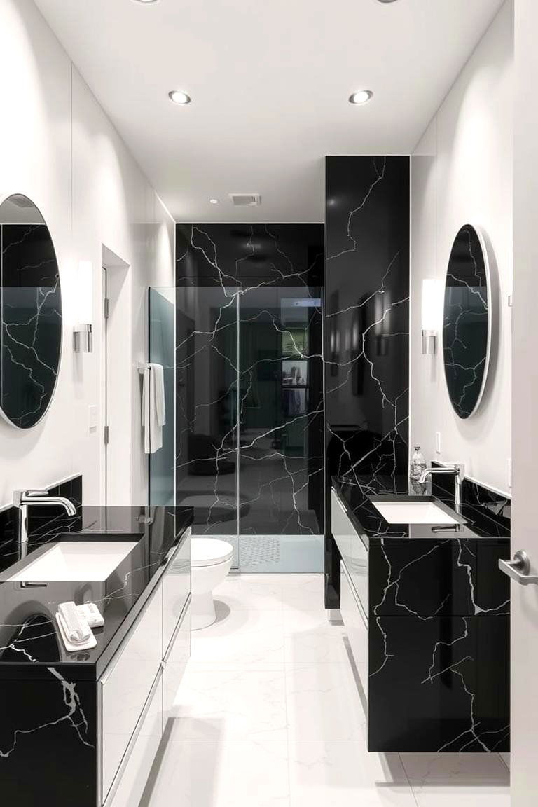 Glossy Black Countertops with Bright White Walls - 24 bathroom with black countertops ideas