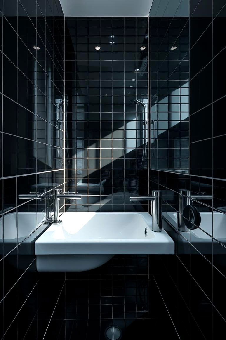 Glossy Black Tiles with Reflective Charm - 24 Black Tile Bathroom Ideas