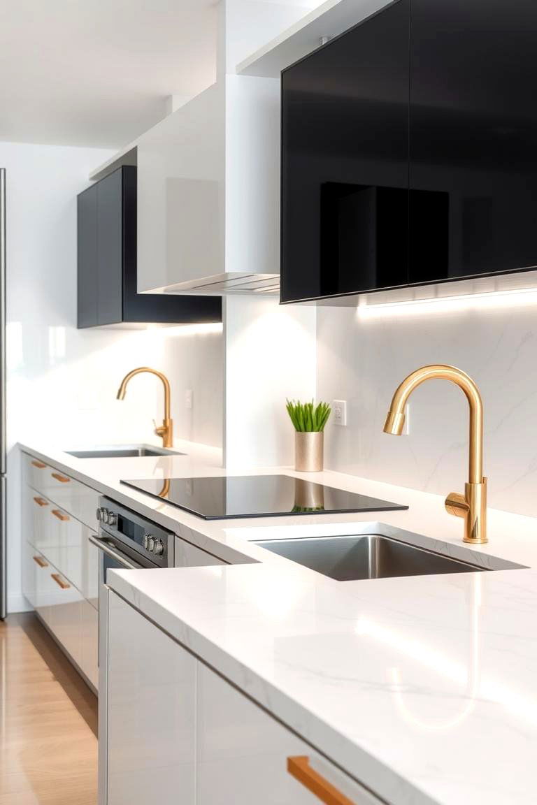 Glossy White Countertops and Gold Fixtures - 24 White and Gold Kitchen Ideas