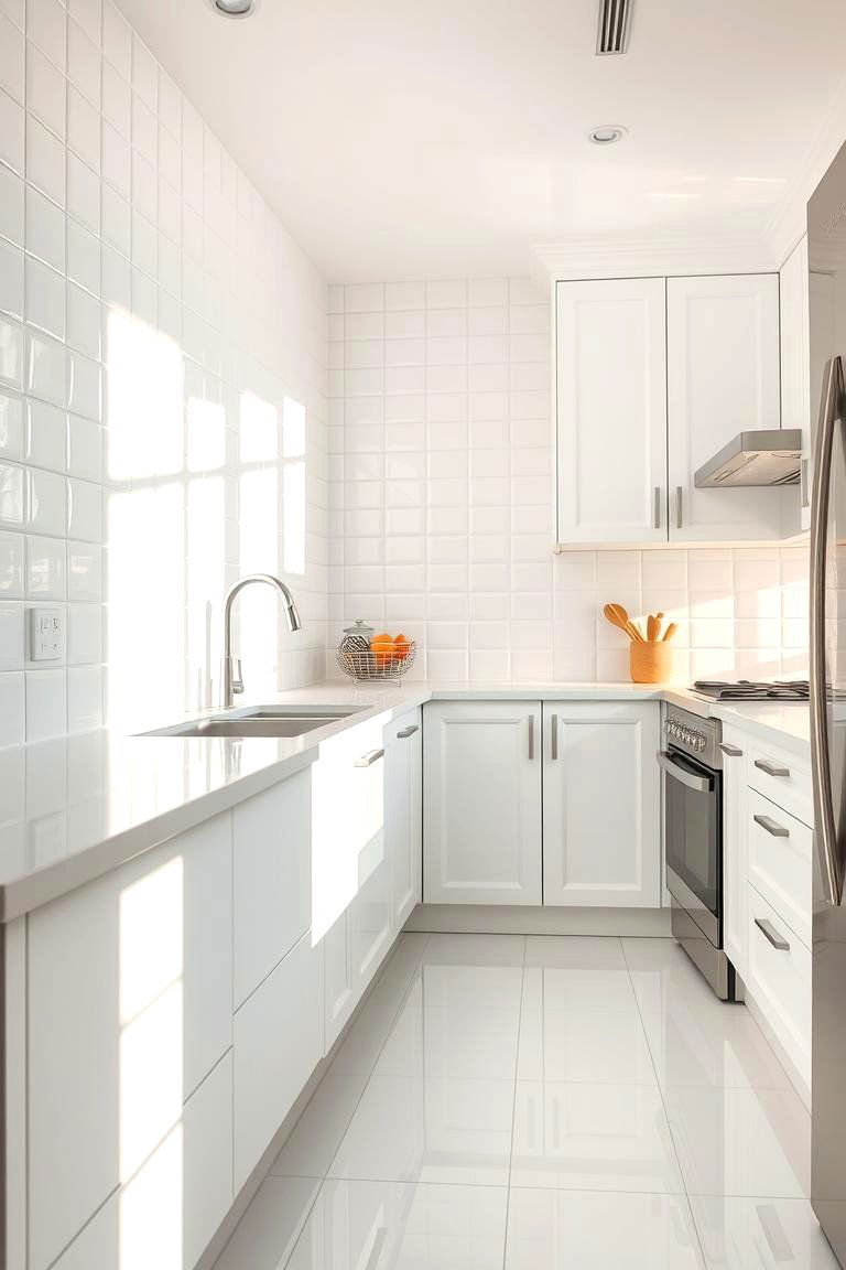Glossy White Shine - 24 White Cabinet Kitchen Backsplash Ideas