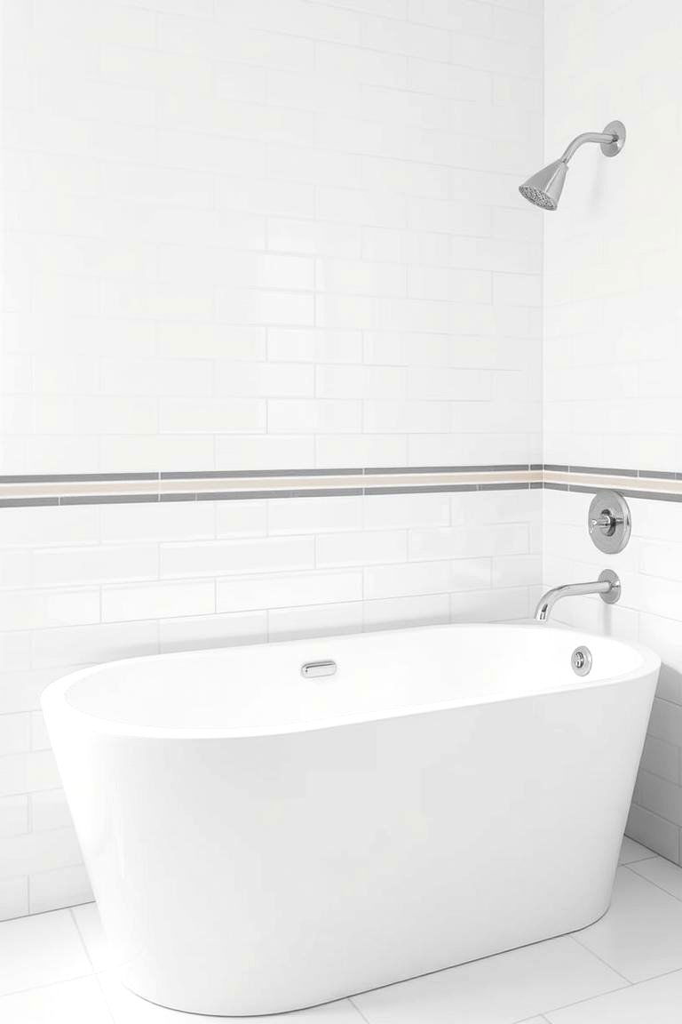 Glossy White Tile Surround with Accent Stripes - 24 Bathtub Surround Ideas
