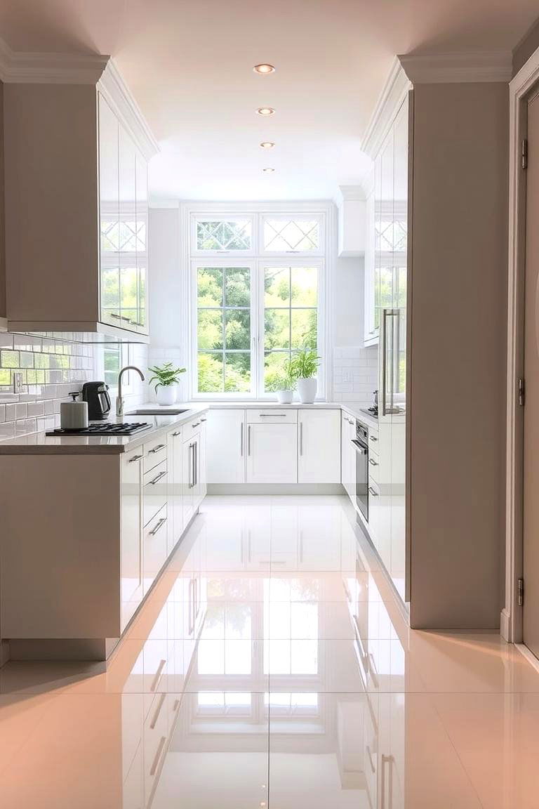 Glossy White Tiles for Reflection - 24 White Kitchen Floor Ideas