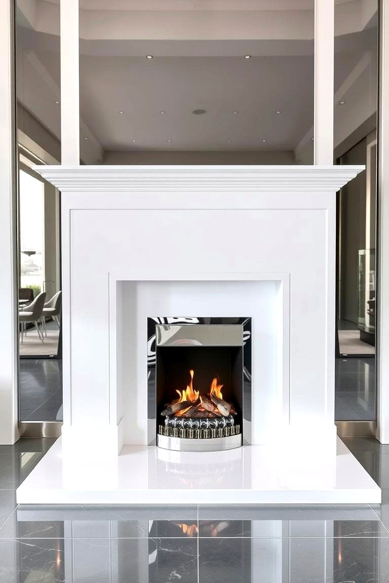 Glossy White and Silver Fireplace - 24 Fireplace Paint Ideas