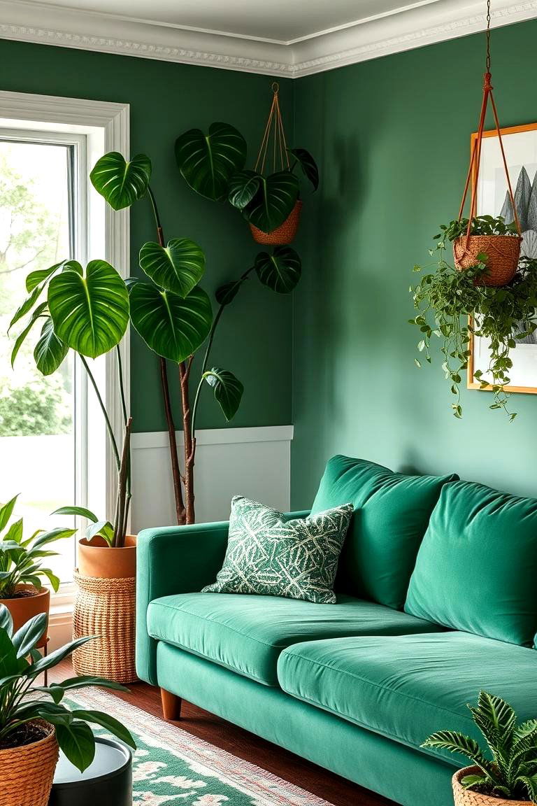 Go Green with Plant Life - 24 Emerald Green Sofa Living Room Ideas
