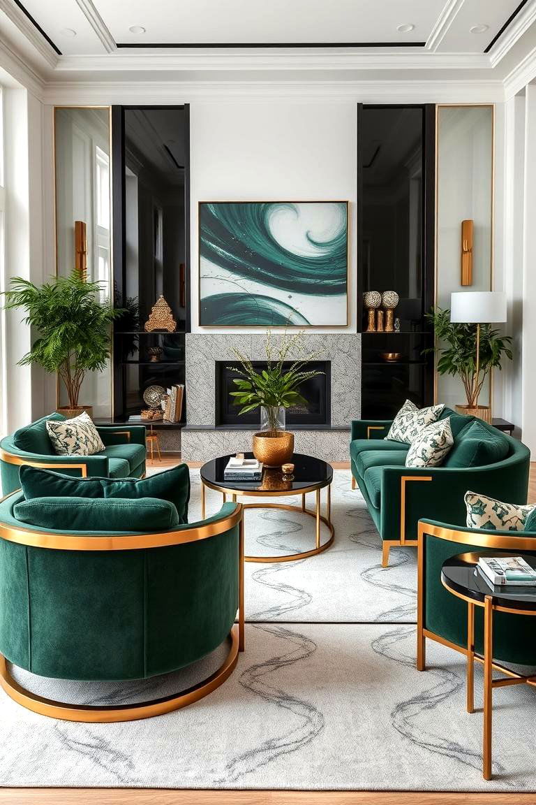 Gold Accent Furniture with Forest Green Upholstery - 24 Green and Gold Living Room Ideas