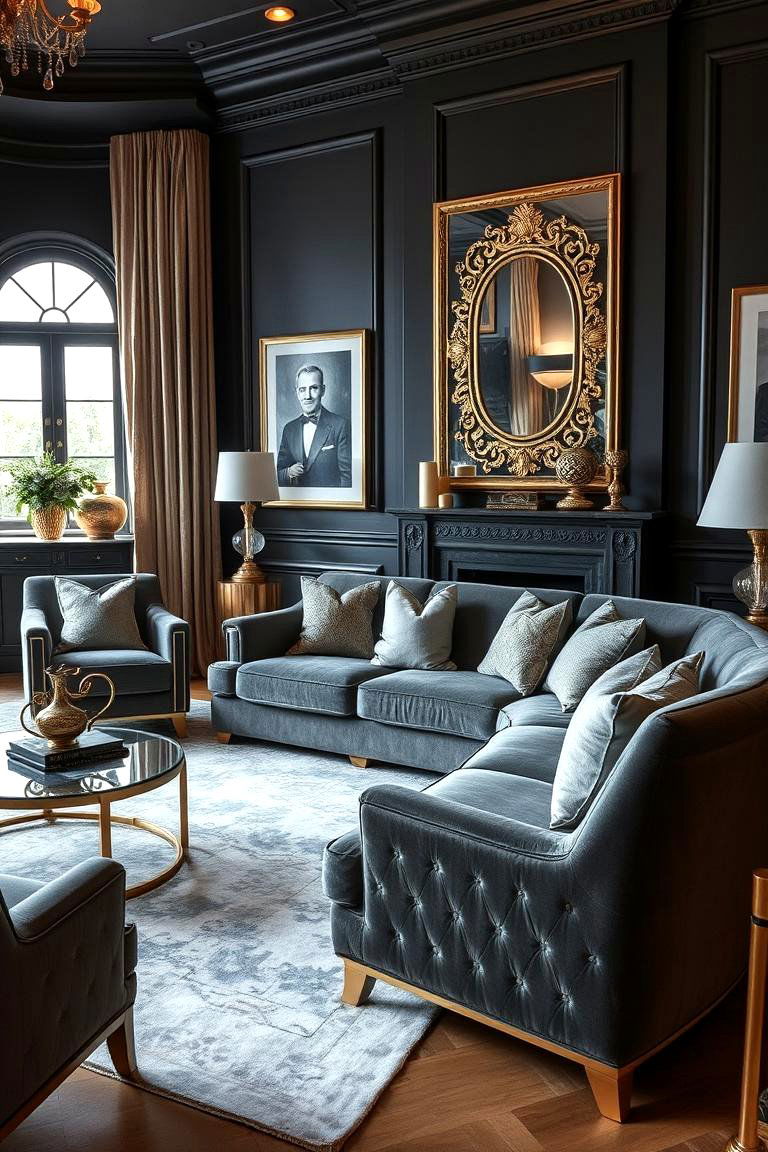 Gold Accents for Luxe Elegance - 24 dark grey couch living room ideas