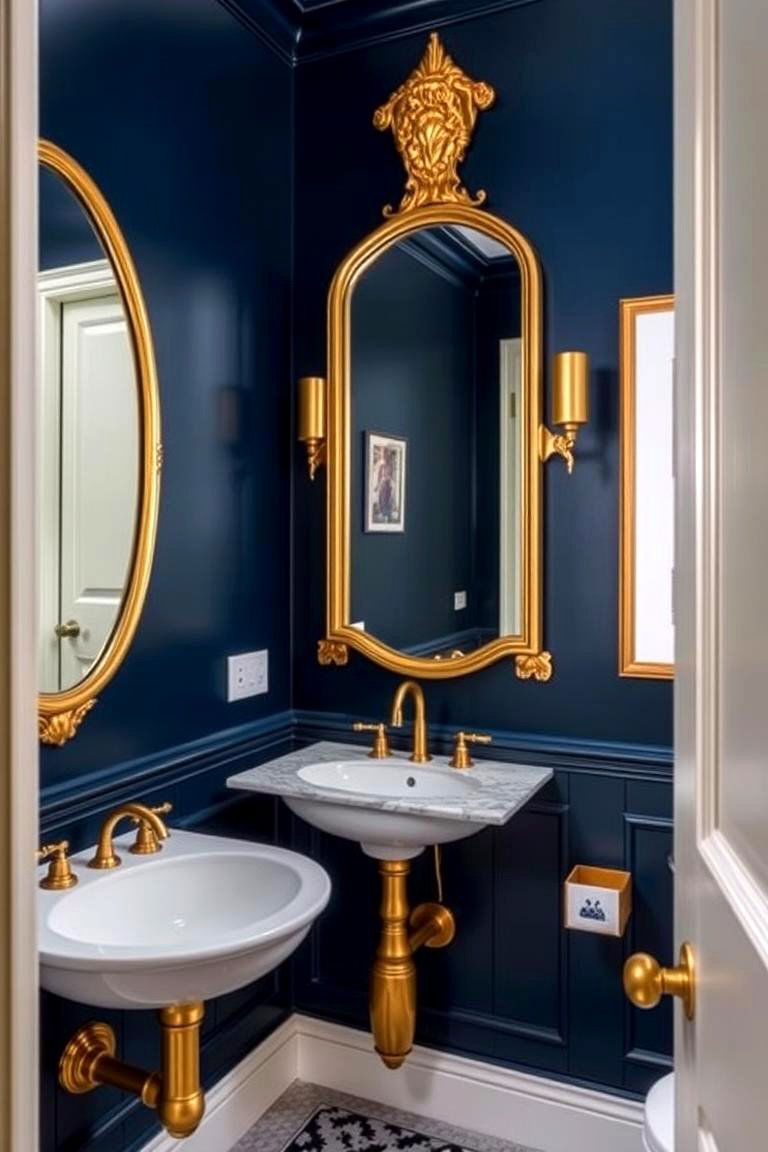 Gold Accents for a Touch of Luxury - 24 navy blue powder room ideas