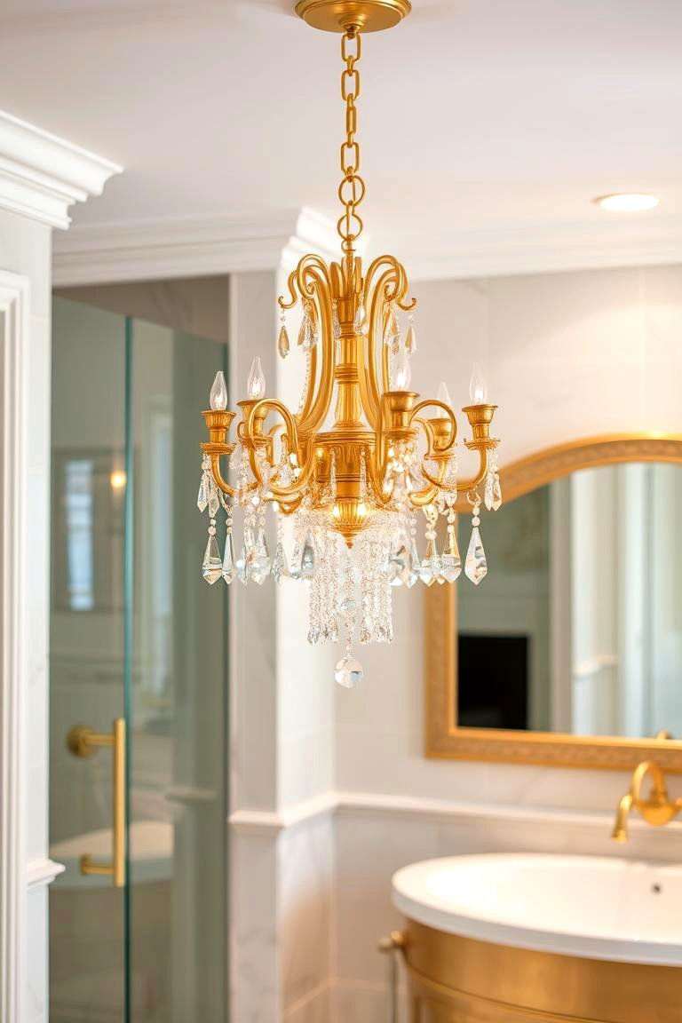 Gold Chandelier with Crystal Drops - 24 Bathroom Chandelier Ideas