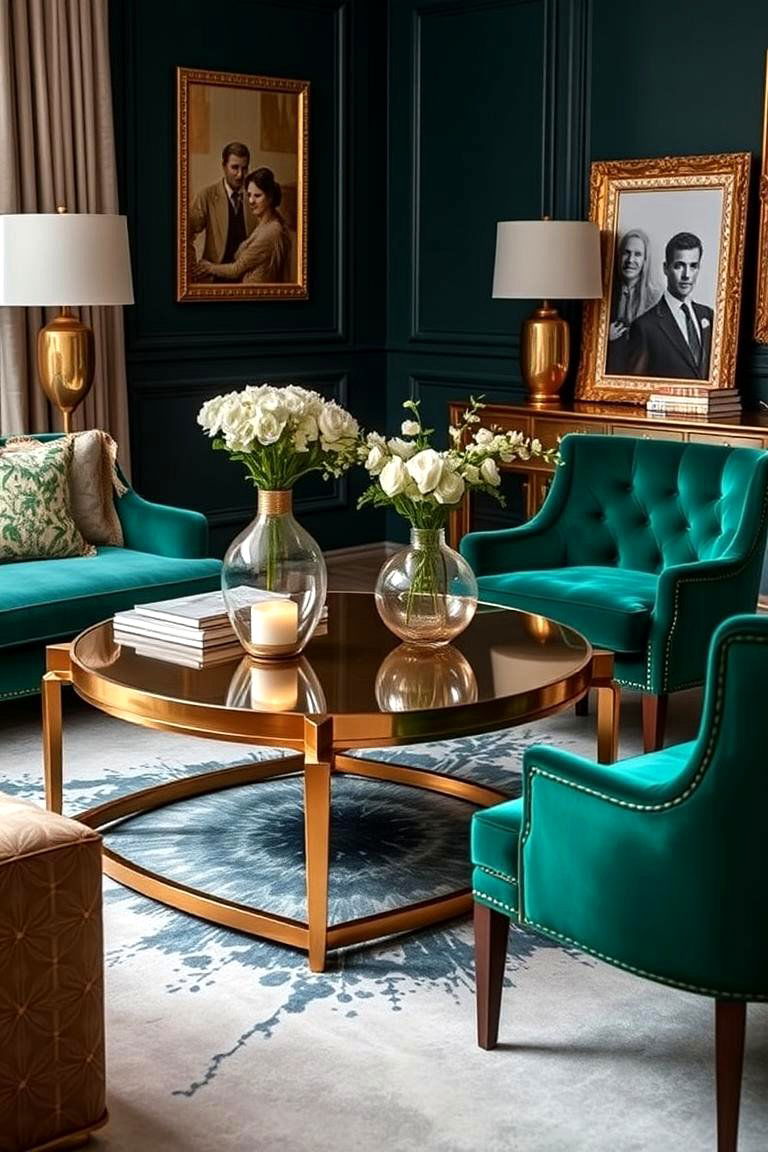 Gold Coffee Table with Emerald Green Chairs - 24 Emerald Green and Gold Living Room Ideas