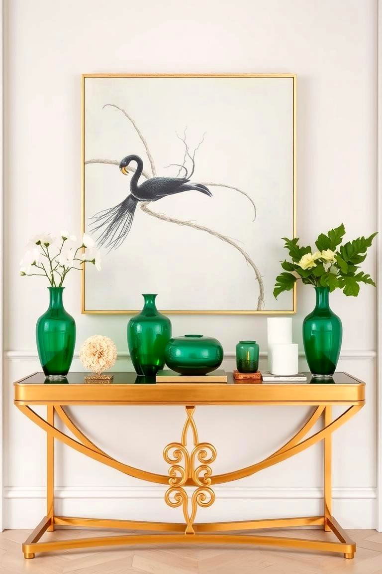 Gold Console Table with Emerald Green Decor - 24 Emerald Green and Gold Living Room Ideas