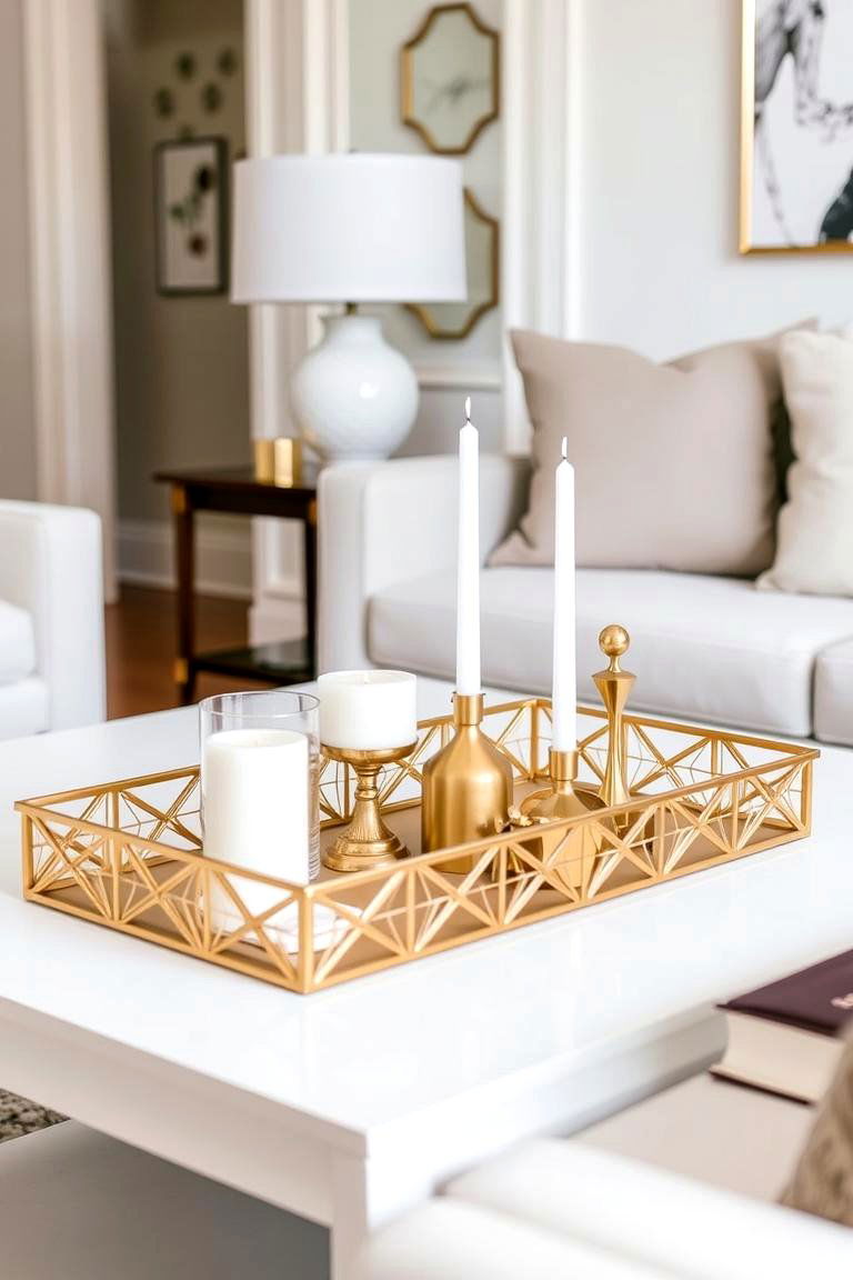 Gold Decorative Trays on White Surfaces - 24 White and Gold Living Room Ideas
