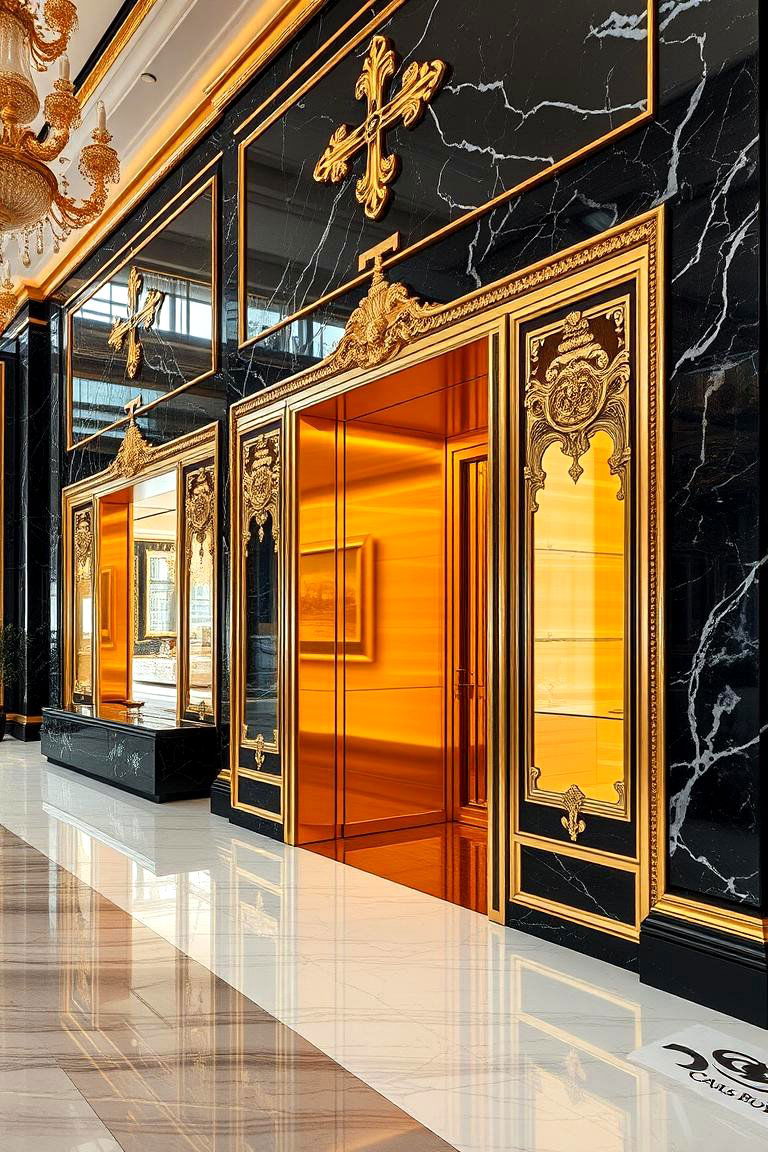 Gold Embellished Black Marble Accents - 24 black and gold powder room ideas
