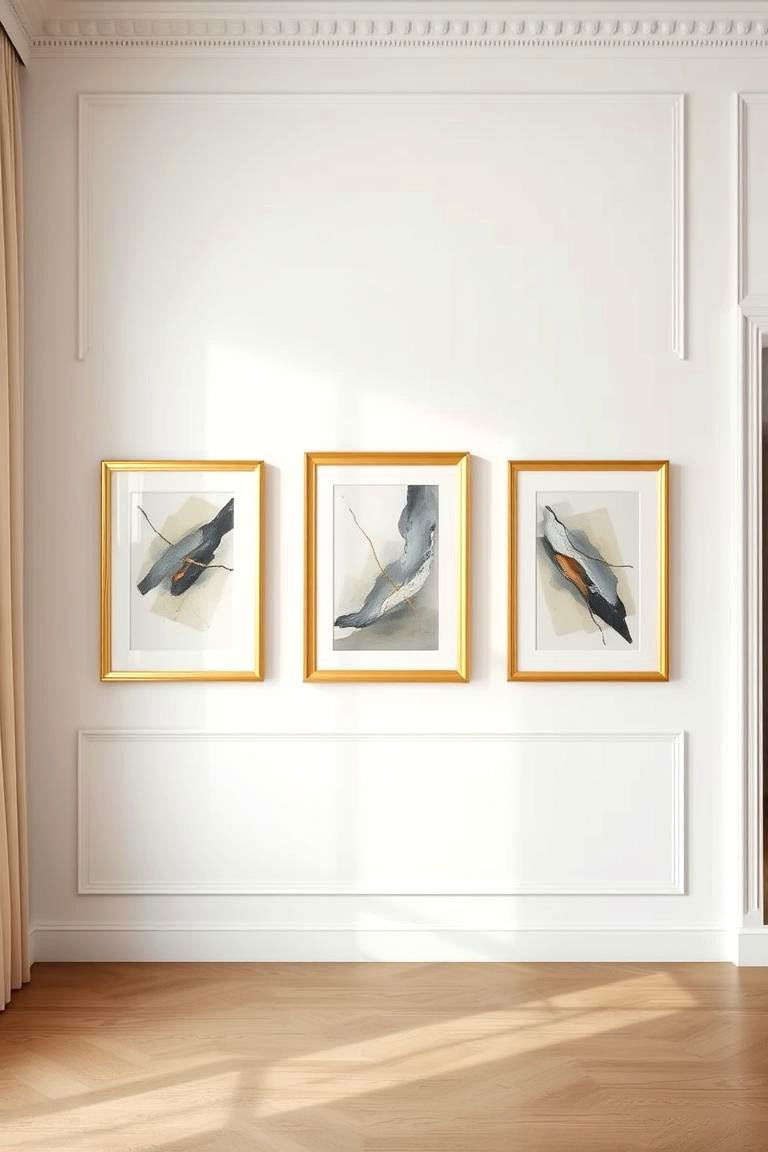 Gold Framed Artwork on White Walls - 24 White and Gold Bedroom Ideas