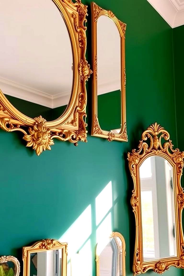 Gold Framed Mirrors with Emerald Green Walls - 24 Emerald Green and Gold Living Room Ideas