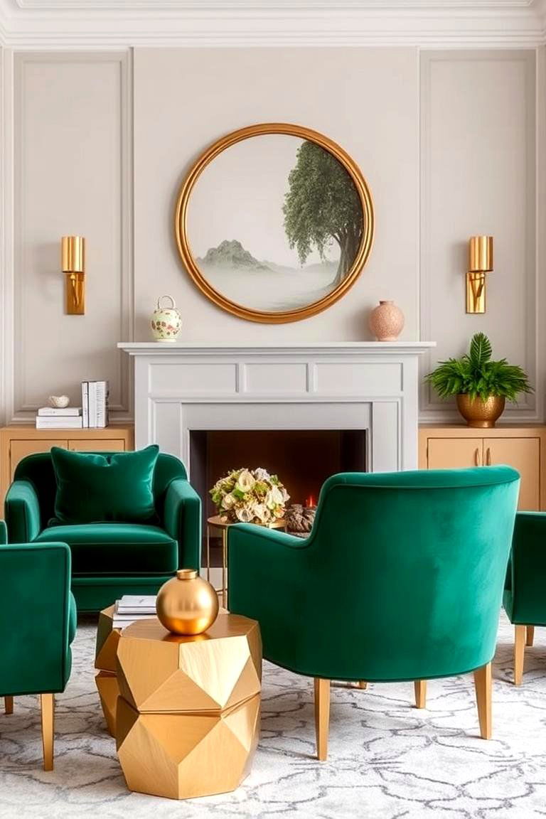 Gold Geometric Furniture with Emerald Green Upholstery - 24 Emerald Green and Gold Living Room Ideas