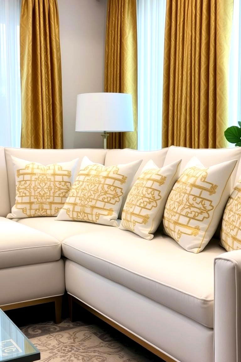 Gold Geometric Patterns on White Textiles - 24 White and Gold Living Room Ideas