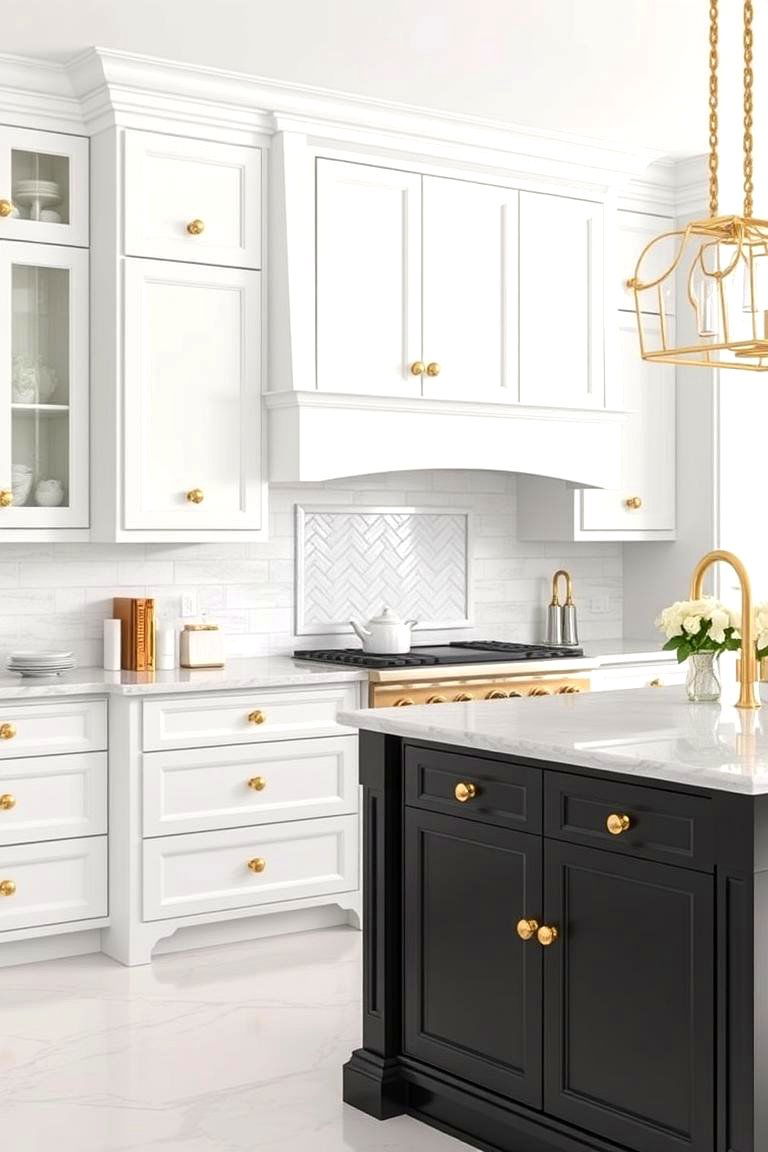 Gold Hardware Glamour - 24 white kitchen ideas with black island