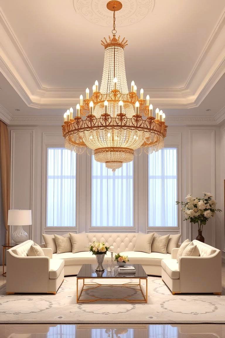 Gold Lighting Fixtures as Focal Points - 24 White and Gold Living Room Ideas