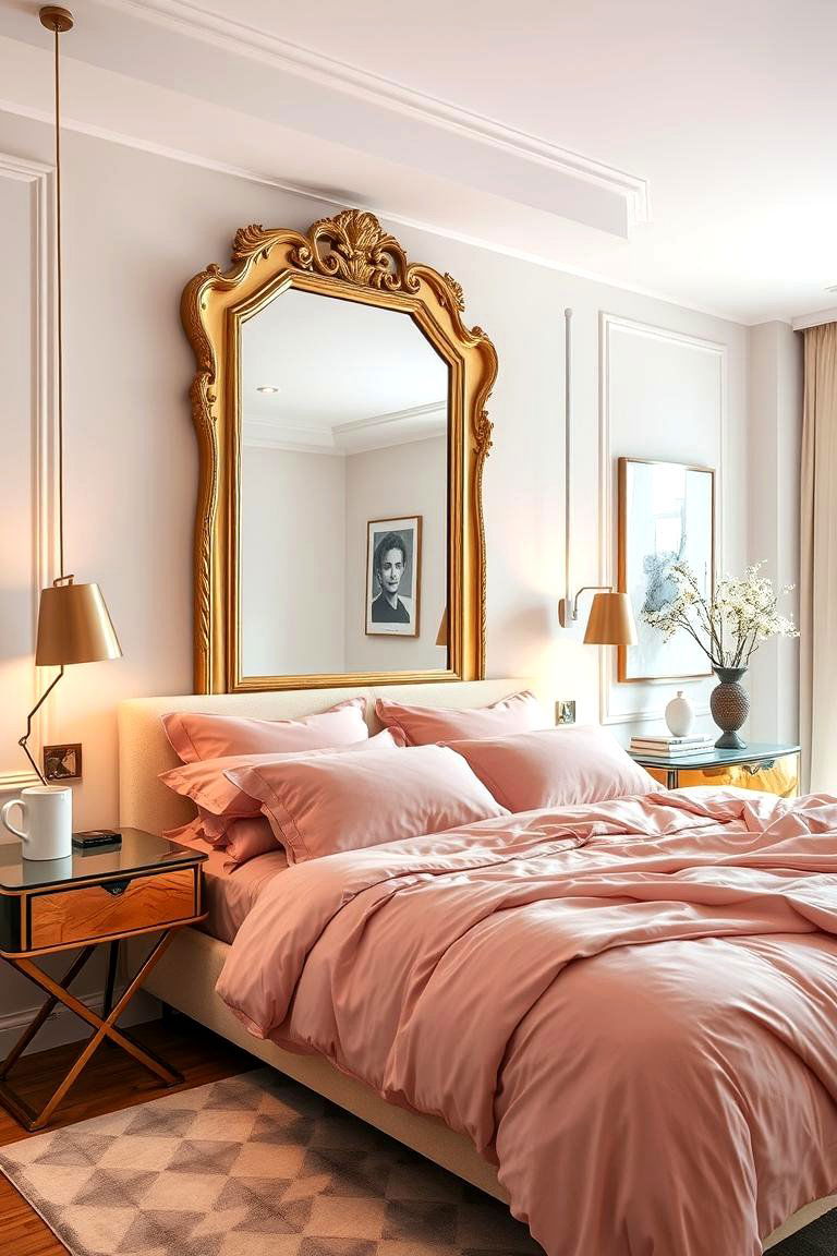 Gold Mirror and Pink Bedding - 24 Pink and Gold Bedroom Ideas