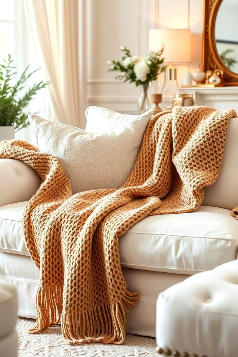 Gold Throw Blankets on White Furniture - 24 White and Gold Living Room Ideas