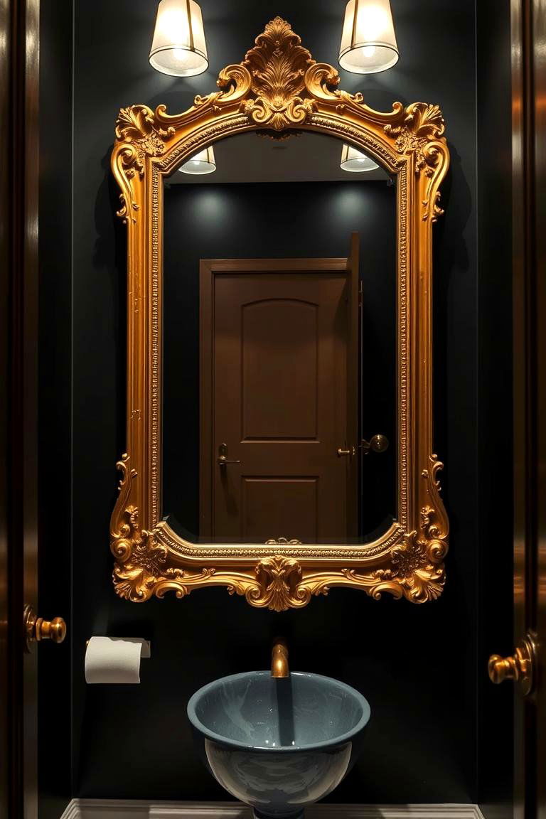 Gold framed Mirror on Dark Backdrop - 24 black and gold powder room ideas