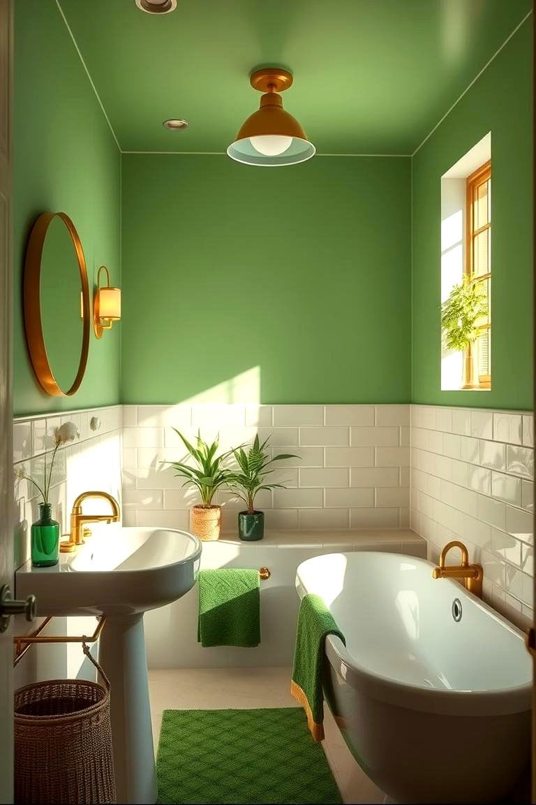Golden Lighting Paired with Green Accents - 24 Green and Gold Bathroom Ideas