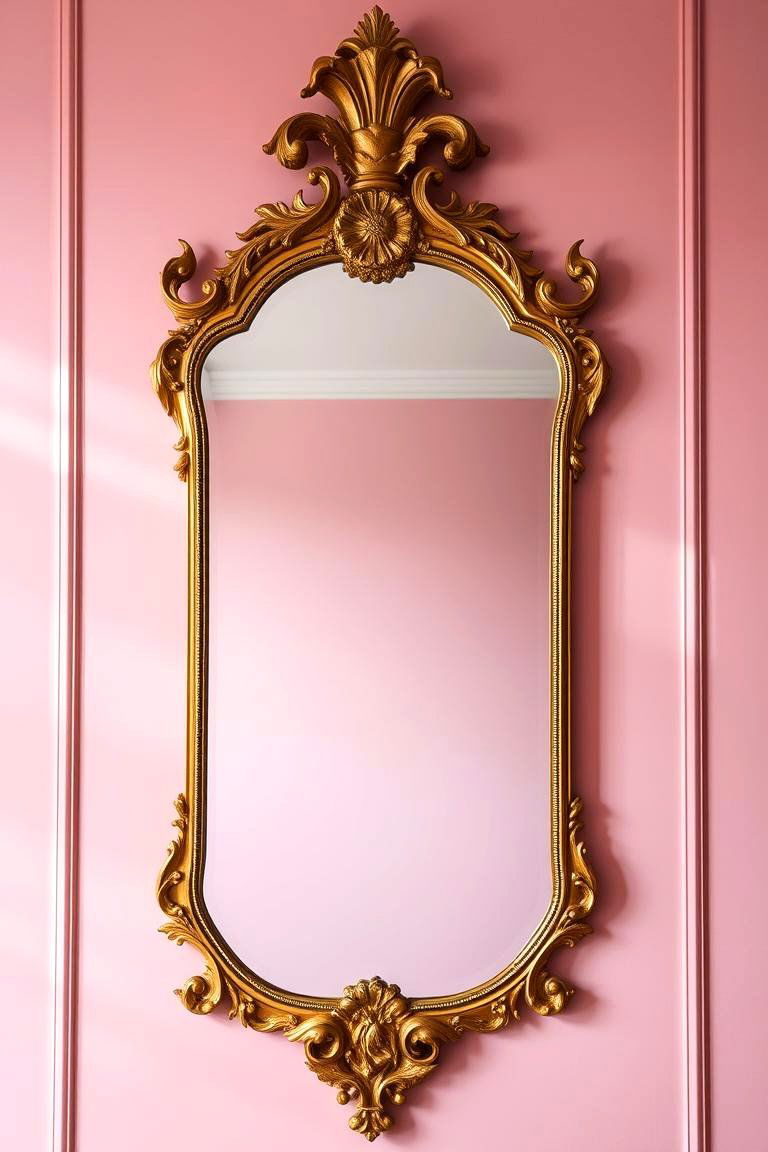 Golden Ornate Mirror Feature - 24 Pink and Gold Bedroom Ideas