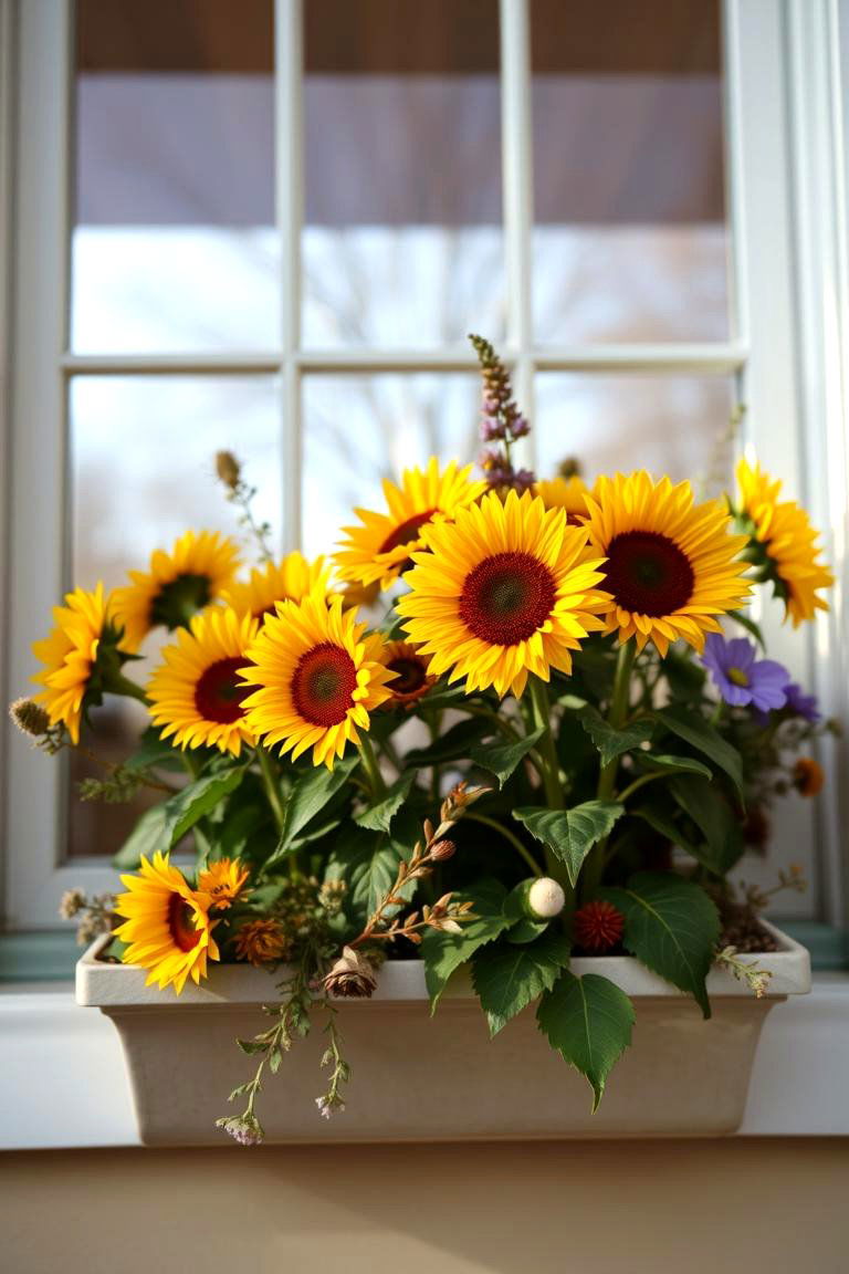 Golden Sunflower Accent - 24 Fall Window Box Ideas