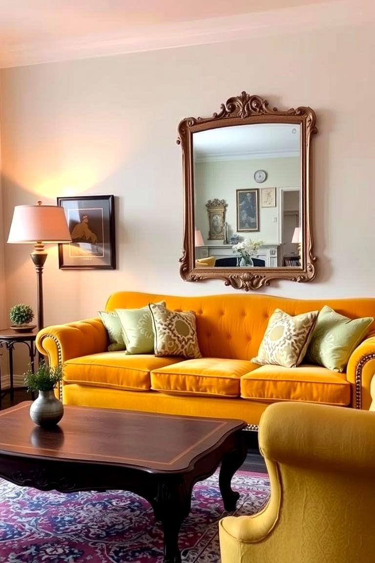 Golden Yellow Couch with Antique Accents - 24 Yellow Couch Living Room Ideas