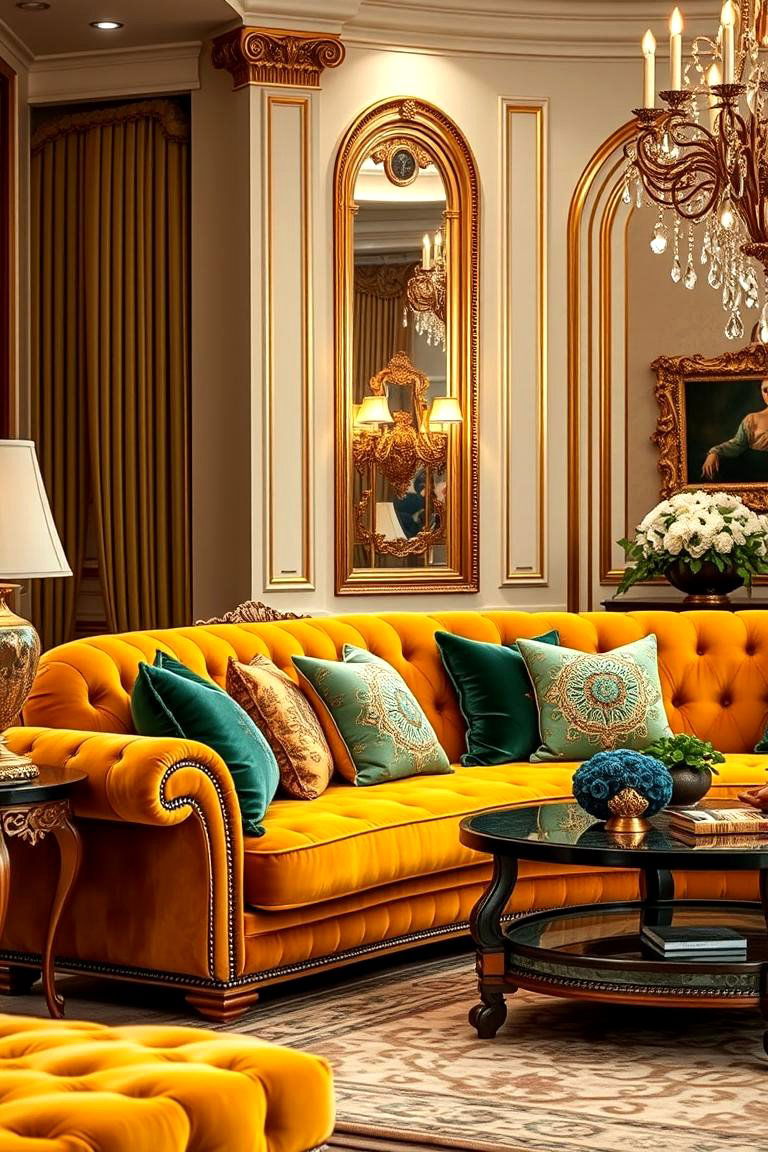 Golden Yellow Couch with Jewel Tones - 24 Yellow Couch Living Room Ideas