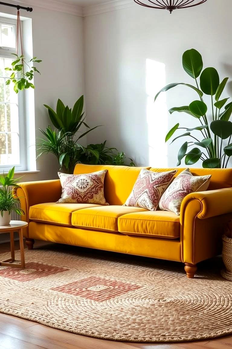 Golden Yellow Velvet for Bohemian Chic - 24 Yellow Couch Living Room Ideas