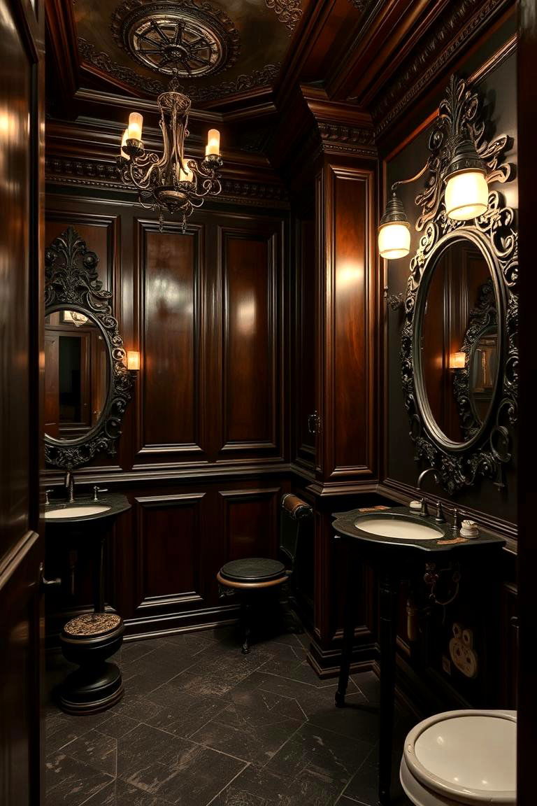 Gothic Elegance with Dark Wood Accents - 24 Dark Bathroom Ideas