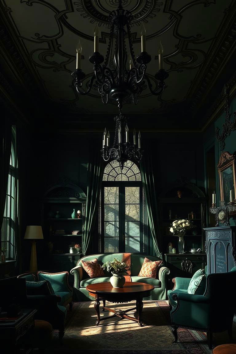 Gothic Style Chandeliers over Dark Green Accents - 24 Victorian Dark Green Living Room Ideas