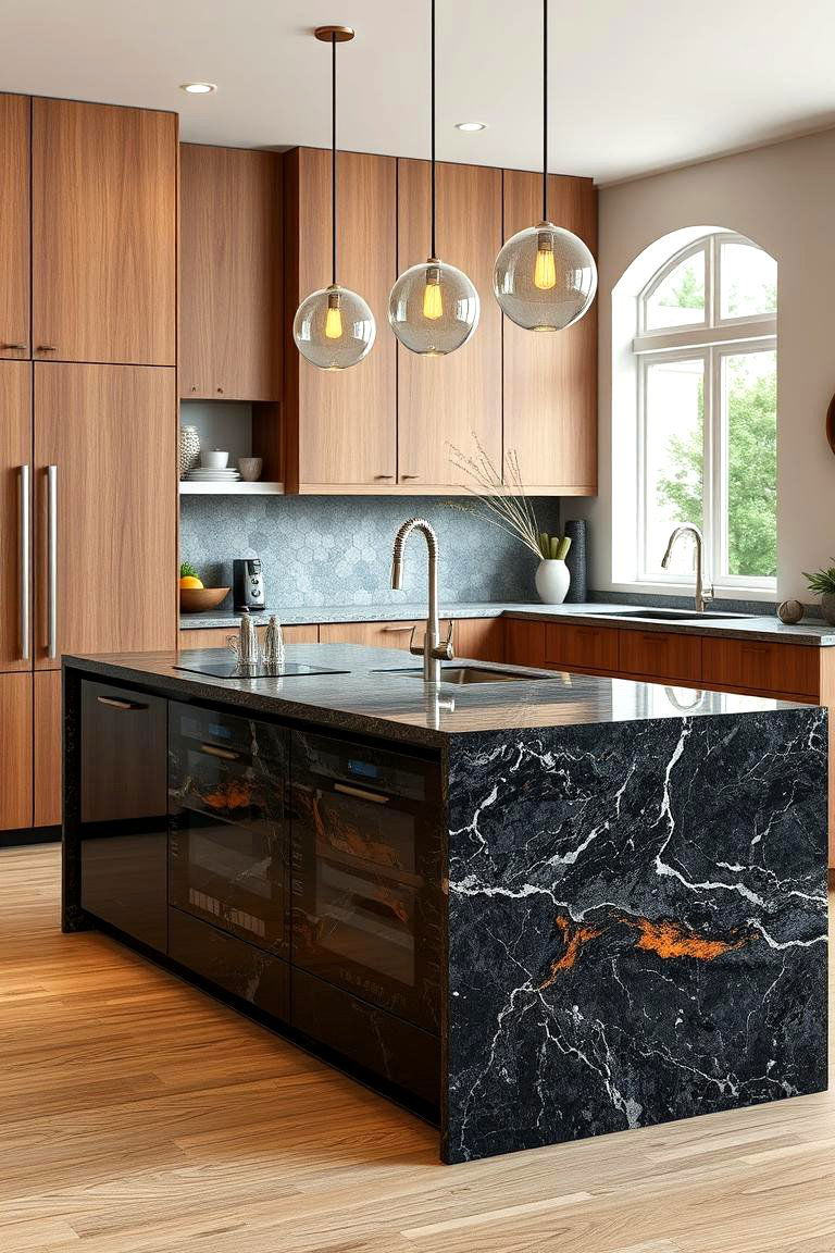 Granite Black Island Statement - 24 Black and Brown Kitchen Ideas