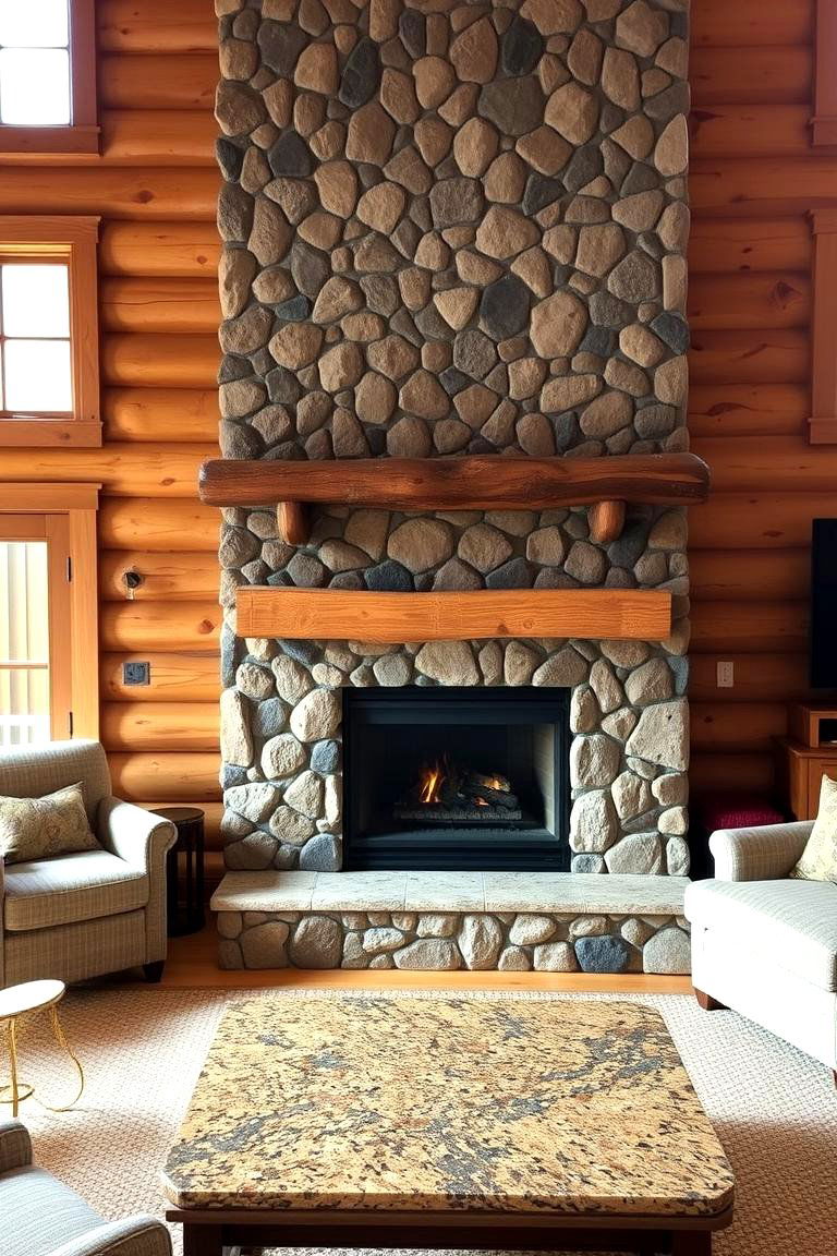 Granite and Wood Fireplace for a Cozy Cabin Look - 24 Floor-to-Ceiling Stone Fireplace Ideas