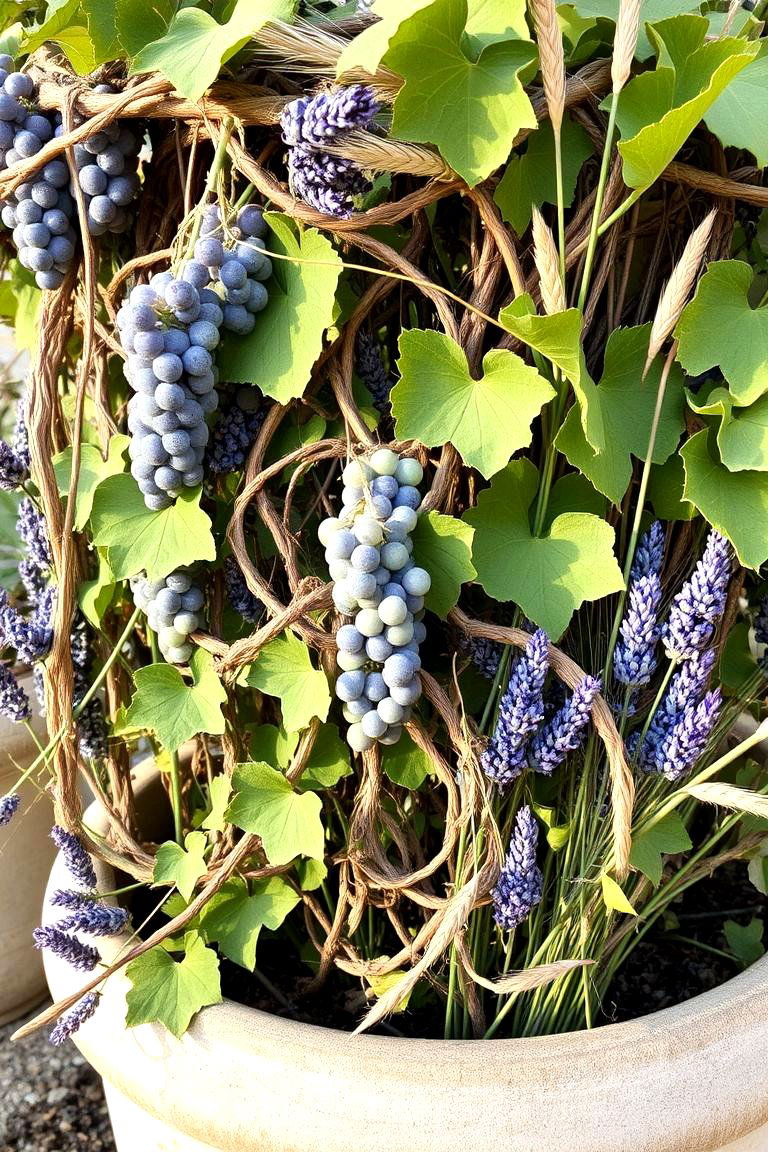 Grape Vine and Dried Flowers Display - 24 Fall Planter Ideas