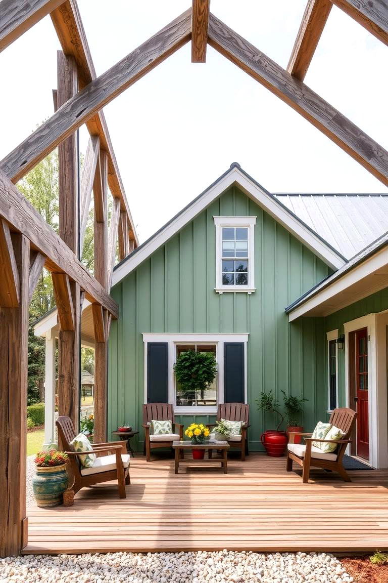 Grass Green with Wood Beams - 24 Farmhouse Green Exterior Home Ideas
