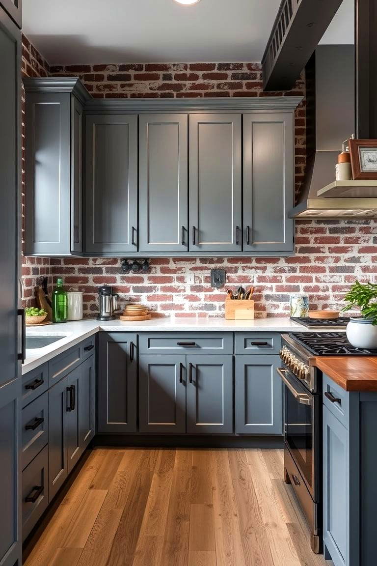 Gray Cabinets with Exposed Brick Walls - 24 Farmhouse Kitchen With Gray Cabinets Ideas