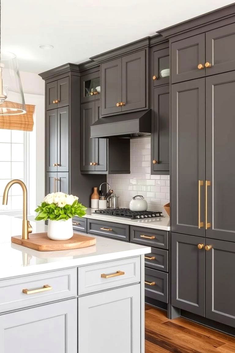 Gray Cabinets with Gold Accents - 24 Farmhouse Kitchen With Gray Cabinets Ideas