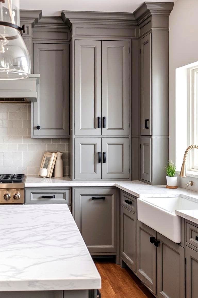 Gray Cabinets with Marble Look Quartz Countertops - 24 Farmhouse Kitchen With Gray Cabinets Ideas
